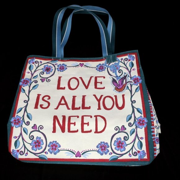 BRIGHTON Bella Tile Tote Love Is All You Need Purse Multicolor Canvas Book Bag - Picture 3 of 4